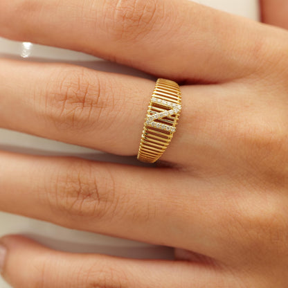 Personalized Initial Letter Diamond Ring, 14k Solid Gold, Natural Diamonds, Lined Cage Bar Band, Custom Jewelry, Minimalist Stackable Band