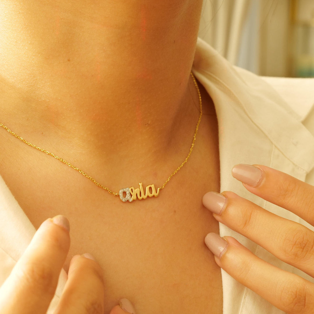 Personalized Name Diamond Necklace, 14k Solid Gold, Natural Diamonds, Custom Letter Jewelry, Minimalist Two Tone Necklace, Stacking Jewelry