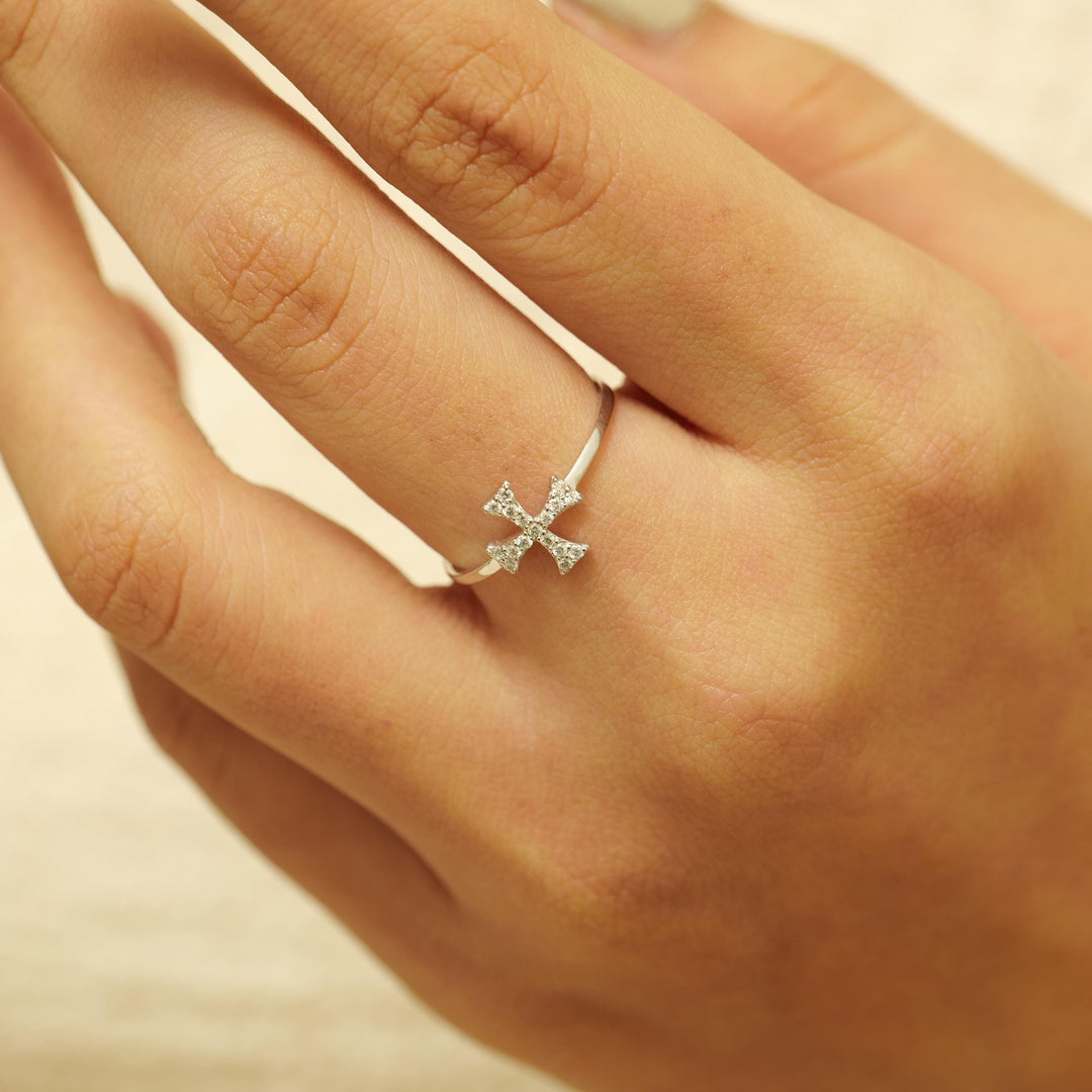 Cross Diamond Ring, 14k Solid Gold, Natural Diamonds, Stackable Handmade Jewelry, Minimalist Religious Ring, Ready To Ship, Women&#39;s Day Gift