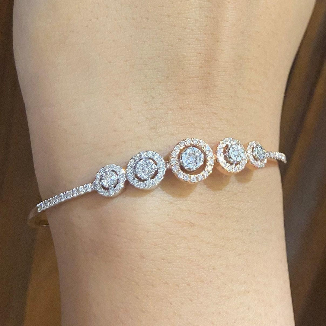Halo Circle Diamond Bracelet, 14k Solid Gold, Natural Diamonds, Two Way Stackable Bracelet, Cluster Pave Set Cuff, Statement Jewelry
