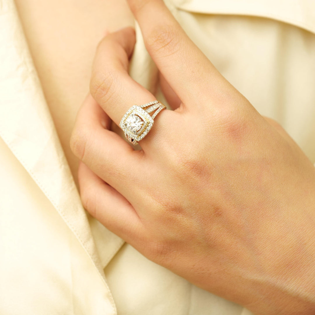 Round Solitaire Halo Diamond Ring, 14k Solid Gold, Natural Diamonds, Wedding Engagement Ring, Gift For Her