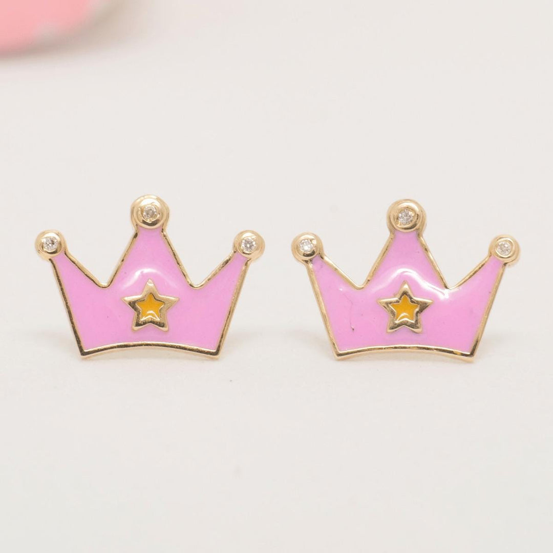 Kids Crown Diamond Stud Earrings, 14k Solid Gold, Natural Diamonds, Pink Enamel Princess Jewelry,  Ready To Ship, HRD Certified