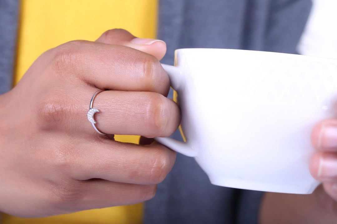 Crescent Moon Diamond Ring, 14k Solid Gold, Natural Diamonds, Everyday Stackable Ring, Minimalist Celestial Jewelry, Ready To Ship