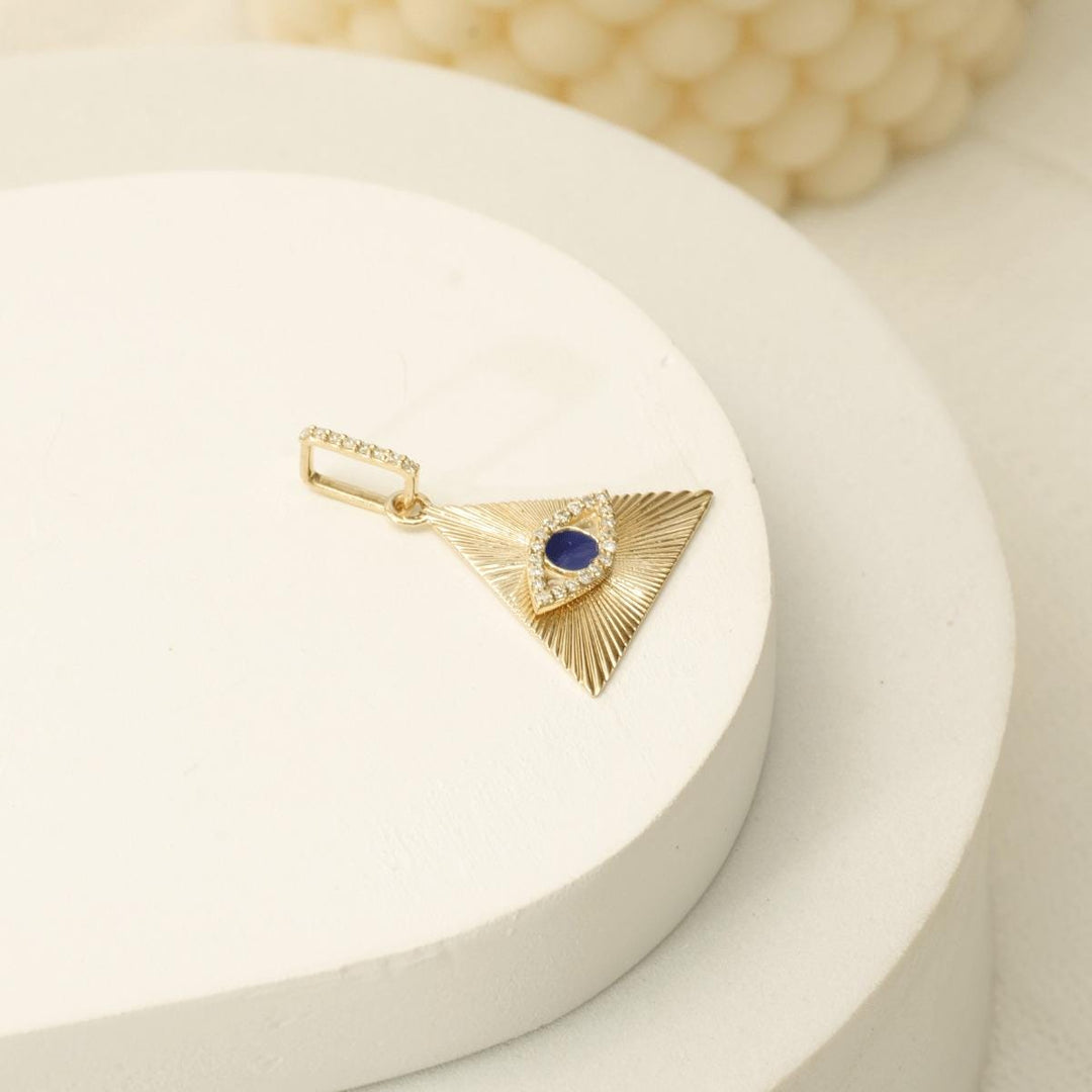 Triangle Evil Eye Diamond Pendant with Blue Enameling, 14k Solid Gold, Natural Diamonds, Stacking Diamond Pendant Necklace,