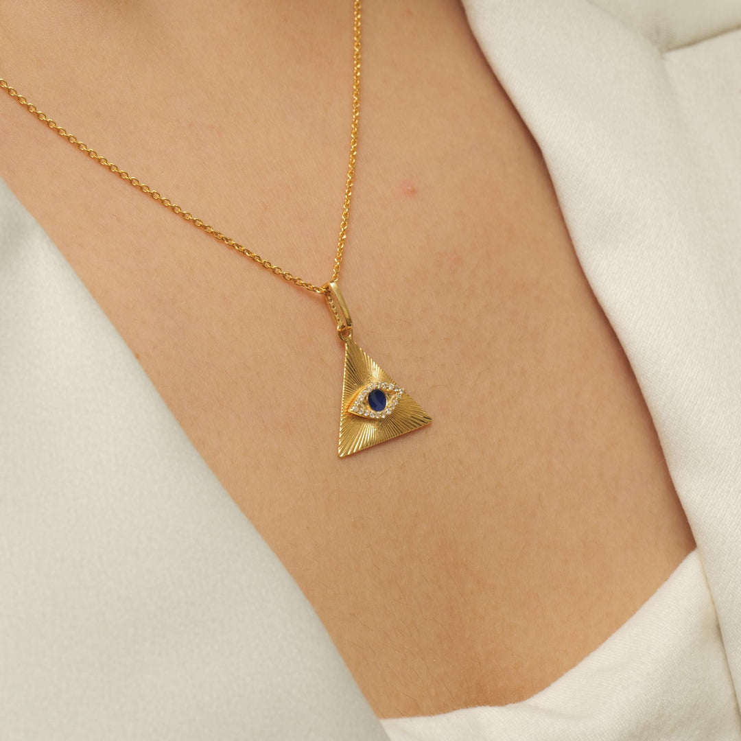 Triangle Evil Eye Diamond Pendant with Blue Enameling, 14k Solid Gold, Natural Diamonds, Stacking Diamond Pendant Necklace,