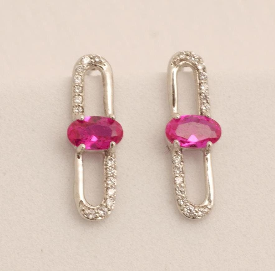 Paperclip Ruby Stud Earrings, 14k Solid Gold, Natural Diamonds, Lightweight Everyday Earrings, Link Gemstone Earrings