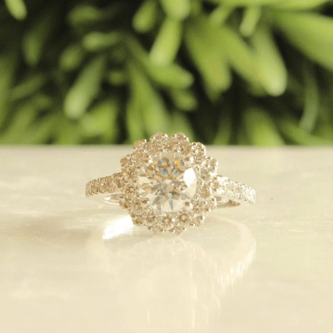 Round Solitaire Diamond Ring, Moissanite Flower Ring, 14k Solid Gold, Halo Engagement Ring, Gift For Her