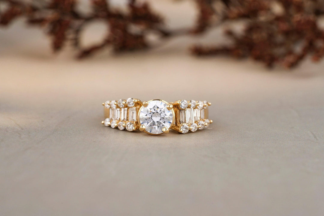 Round Solitaire Diamond Ring, Moissanite Engagement Ring, Baguette Diamond, 14k Solid Gold, Side Ladder look, Gift For Her