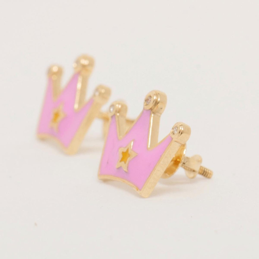 Kids Crown Diamond Stud Earrings, 14k Solid Gold, Natural Diamonds, Pink Enamel Princess Jewelry,  Ready To Ship, HRD Certified
