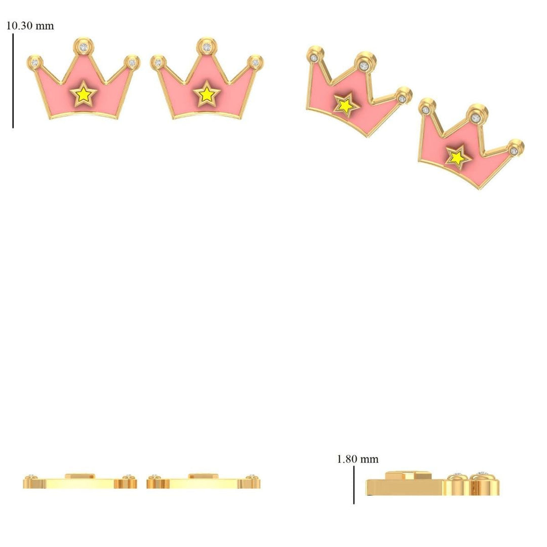Kids Crown Diamond Stud Earrings, 14k Solid Gold, Natural Diamonds, Pink Enamel Princess Jewelry,  Ready To Ship, HRD Certified