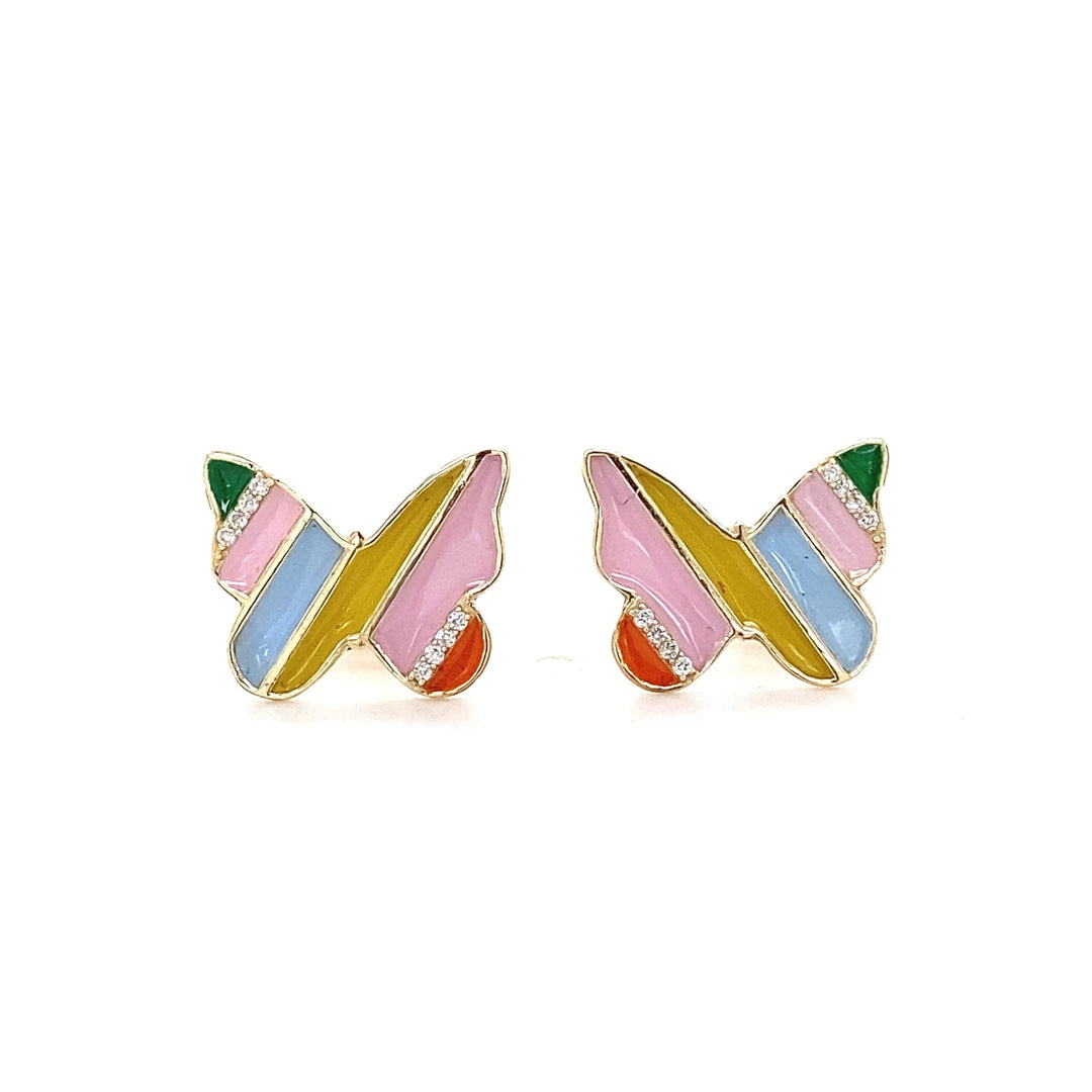 Kids Butterfly Diamond Stud Earrings, 14k Solid Gold With Enameling, Natural Diamonds, Gift for toddlers/girls, Ready To Ship, HRD Certified