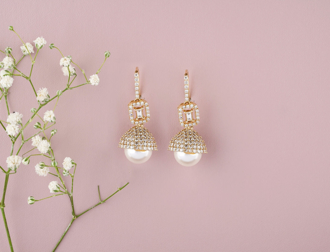 Pearl Drop Diamond Earrings, Baguette & Round Diamond Earrings In 14K Solid Gold, Gift For Her