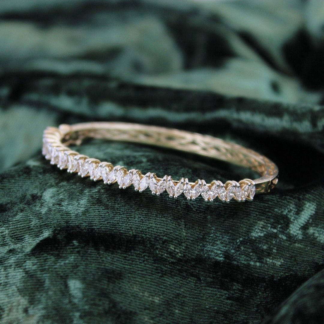 Marquise Diamond Bangle Bracelet, 14k Solid Gold, Natural Diamonds, Half Eternity Statement Jewelry, Bridal Stackable Bracelet