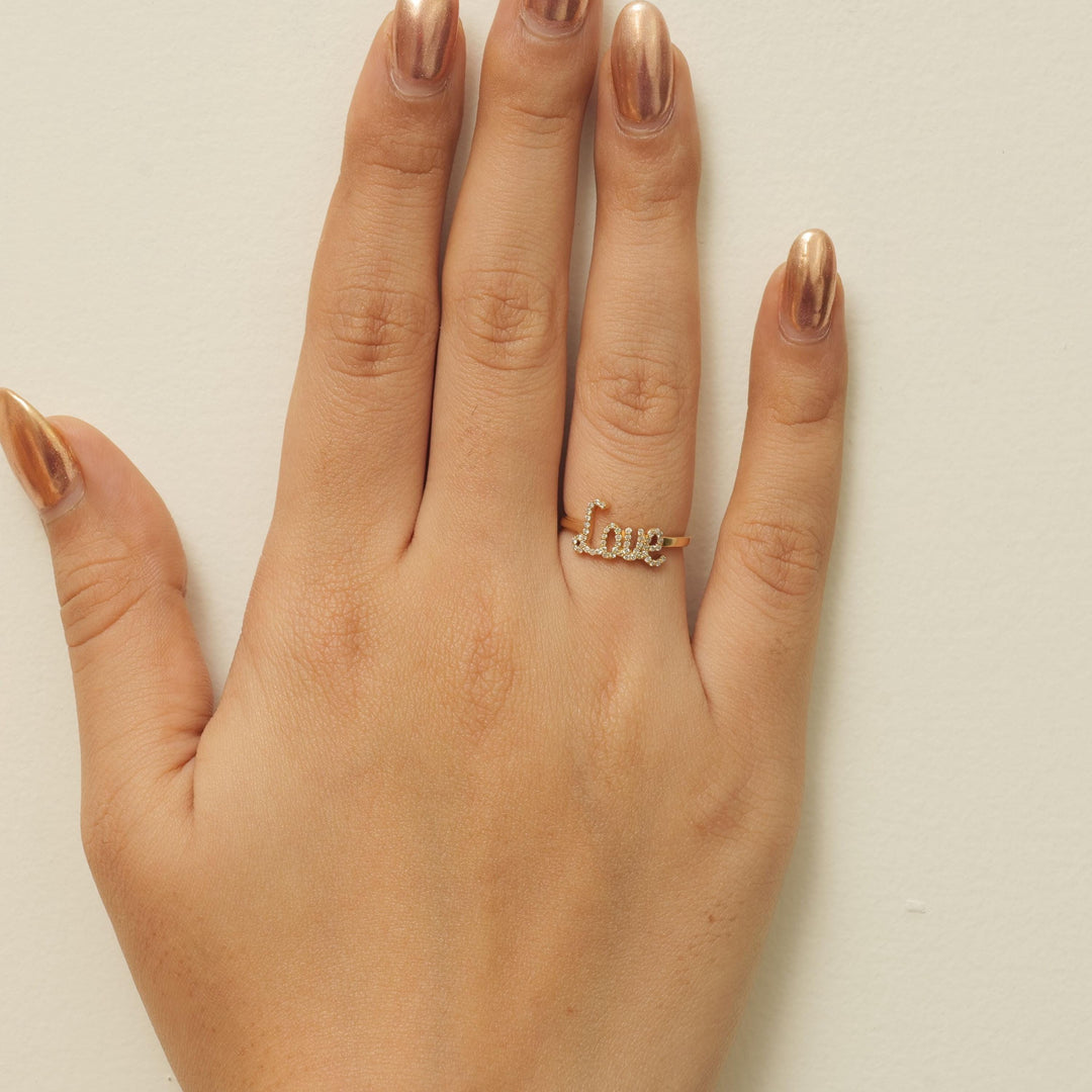Love Script Diamond Ring, 14K Solid Gold, Natural Diamonds, Stacking Ring, Promise Ring, Ready To Ship, Women&#39;s Day Gift