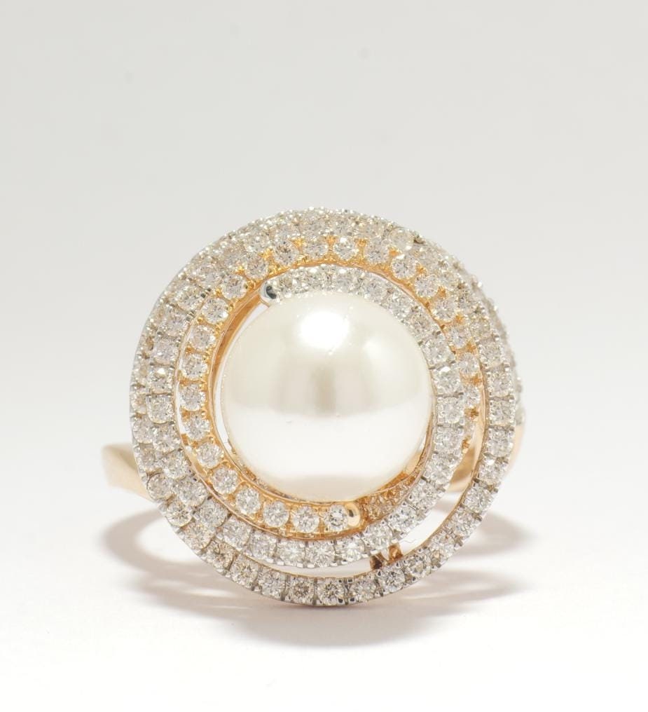 Cultured South Sea Pearl Diamond Ring, 14k Solid Gold, Dual Tone Statement Spiral Ring, Natural Diamonds, Ready To Ship