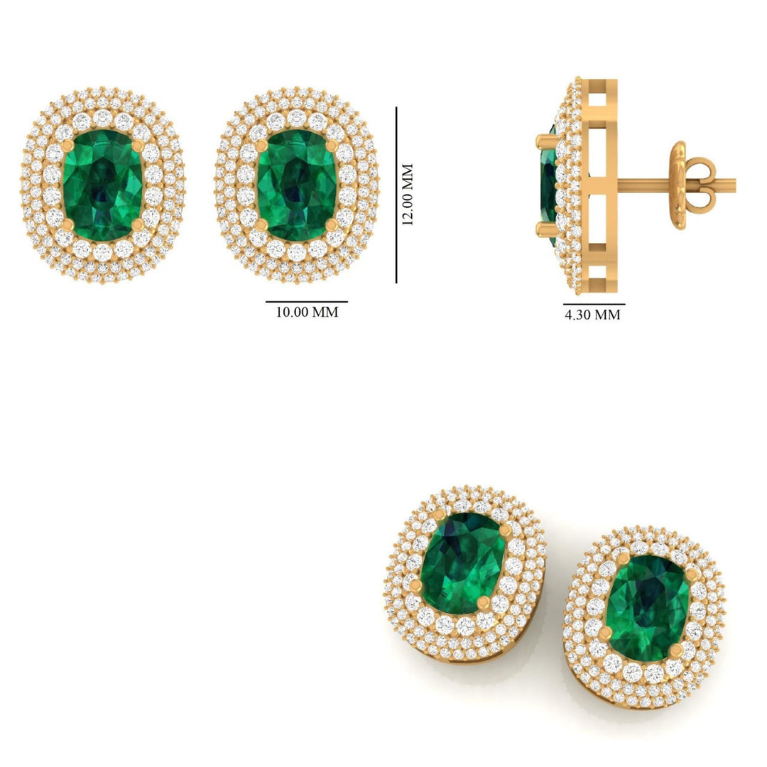 Oval Emerald Halo Diamond Stud Earrings, 14k Solid Gold, Natural Diamonds, Cocktail Statement Jewelry, Bridal Wedding Earrings