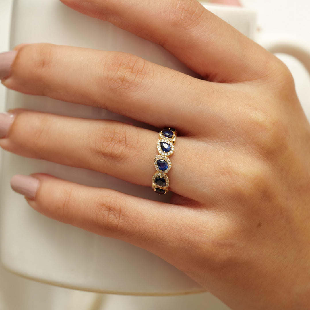 Pear Blue Sapphire Diamond Ring, 14k Solid Gold, Natural Diamonds, Eternity Band, Prong Gemstone Ring, Stacking Gold Band, Halo Setting Ring