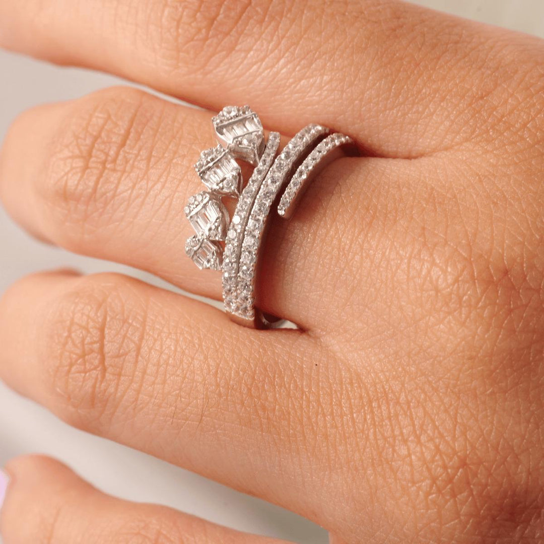 Leaves Diamond Band Ring, 14k Solid Gold, Statement Ring, Round and Baguette Natural Diamond, Crown Wrap Bypass Ring, Gift For Her