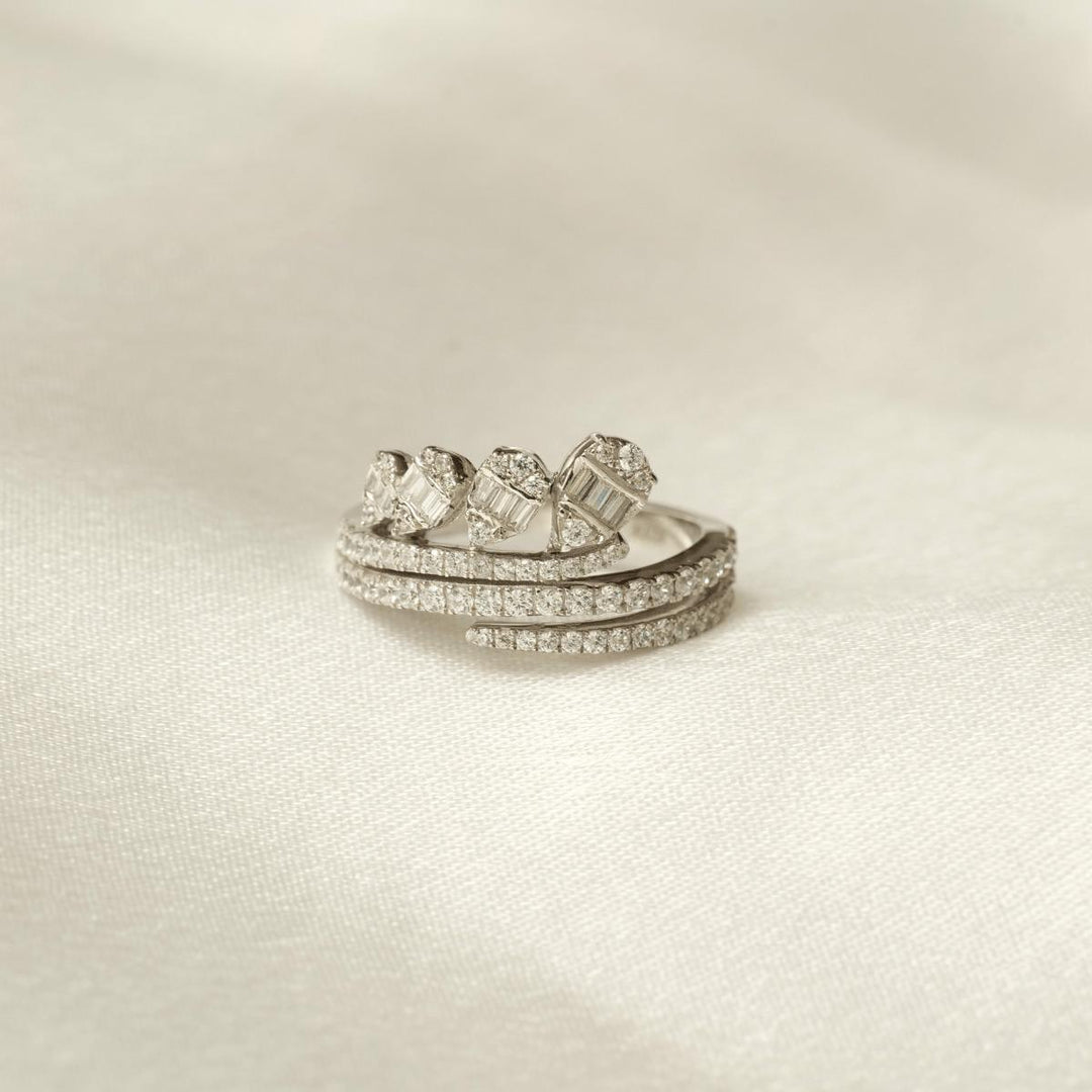 Leaves Diamond Band Ring, 14k Solid Gold, Statement Ring, Round and Baguette Natural Diamond, Crown Wrap Bypass Ring, Gift For Her