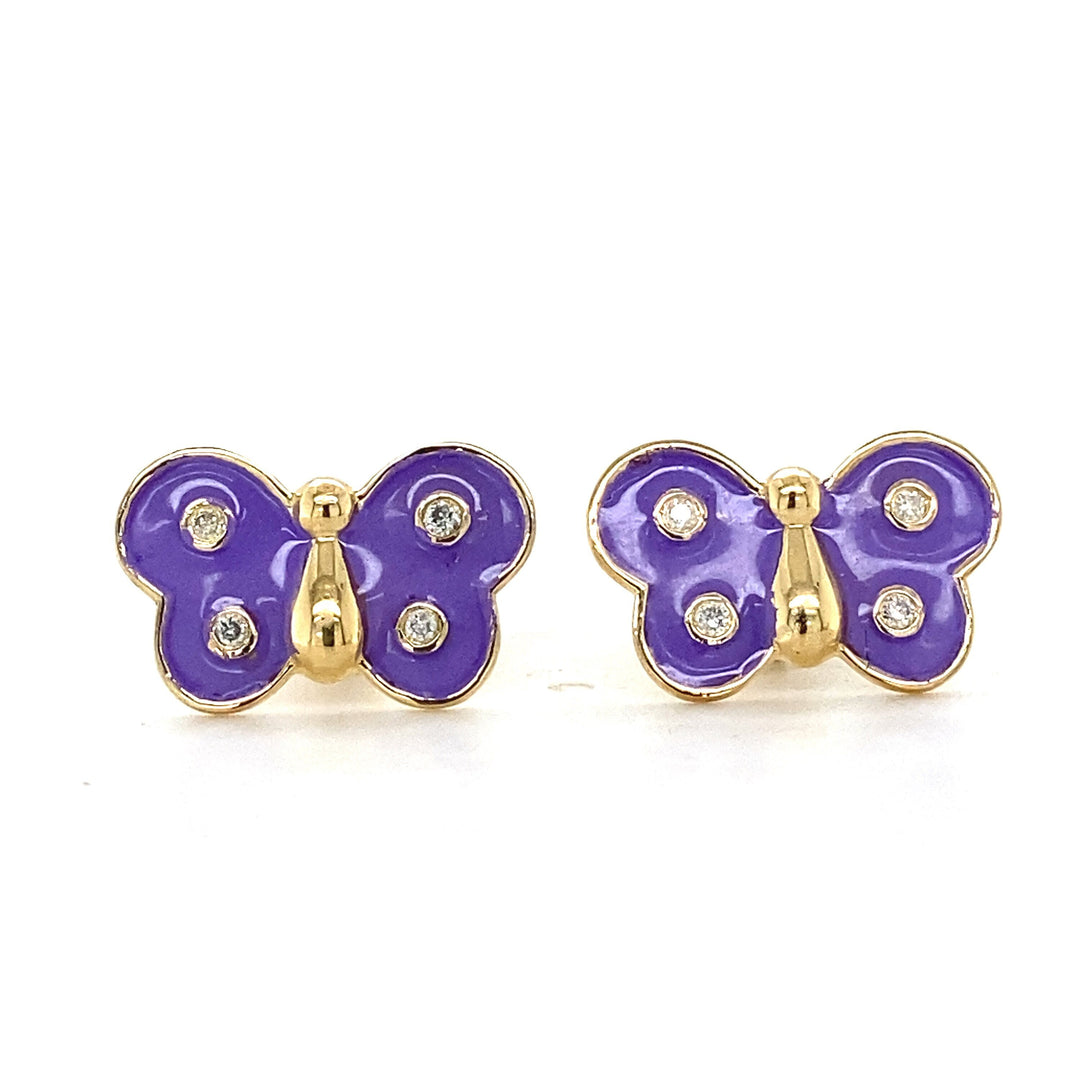 Kids Butterfly Diamond Stud Earrings, 14k Solid Gold With Purple Enameling, Natural Diamonds, Gift for girls, Ready To Ship, HRD Certified