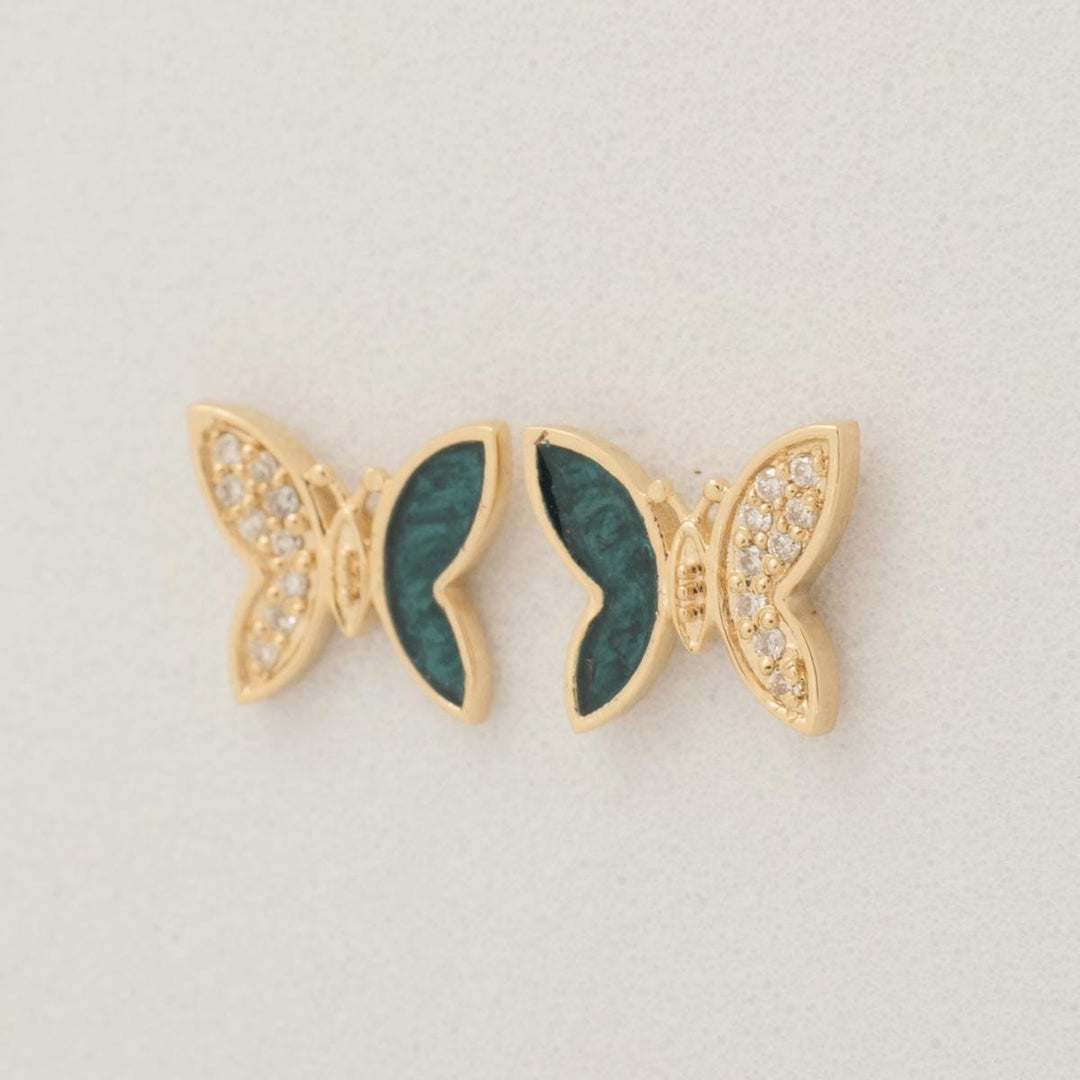 Kids Butterfly Diamond Earrings, Green Enamel Studs, 14k Solid Gold, Natural Diamonds, Gift for toddlers/girls/kids, Ready To Ship