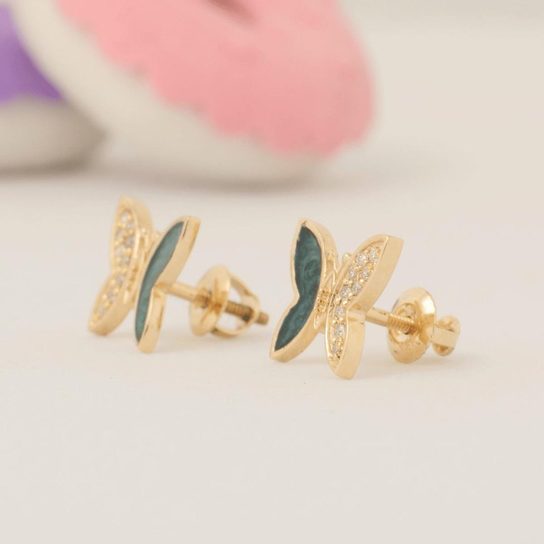 Kids Butterfly Diamond Earrings, Green Enamel Studs, 14k Solid Gold, Natural Diamonds, Gift for toddlers/girls/kids, Ready To Ship