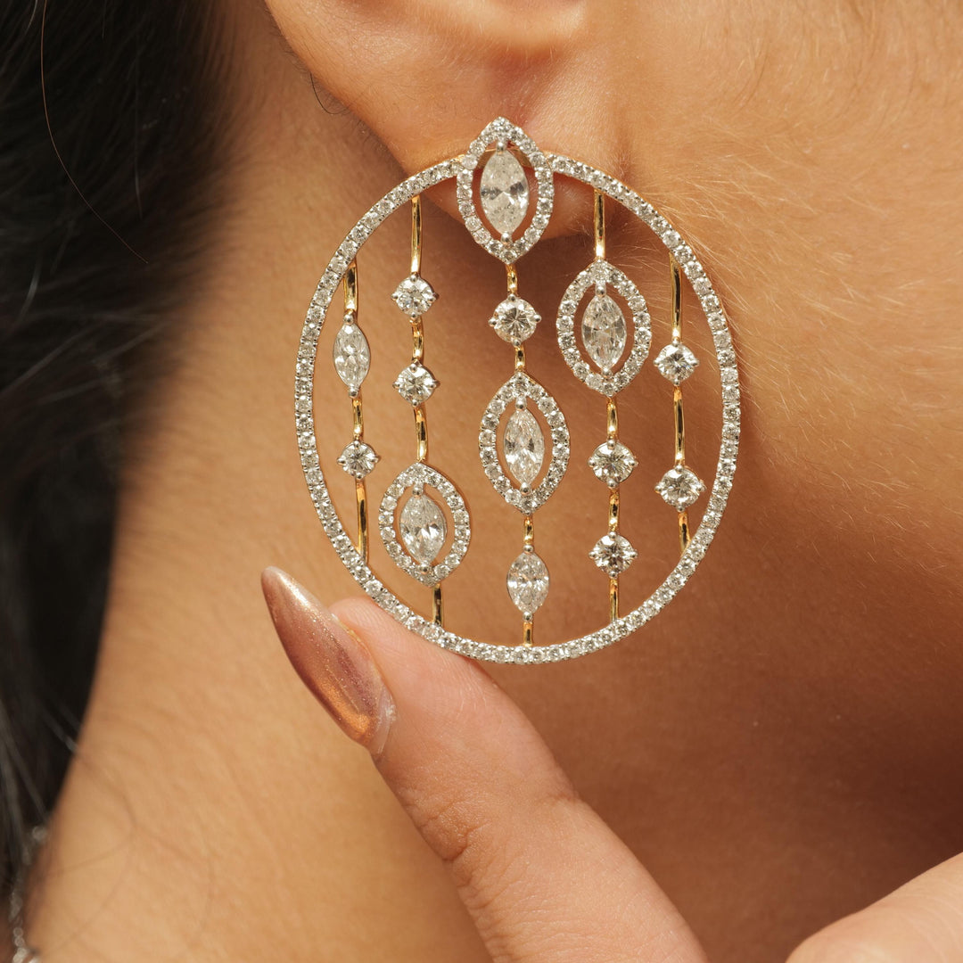 Open Circle Diamond Earrings, 14k Solid Gold, Natural Diamond, Halo Marquise Cocktail Studs, Statement Jewelry, Ready To Ship, IGI Certified