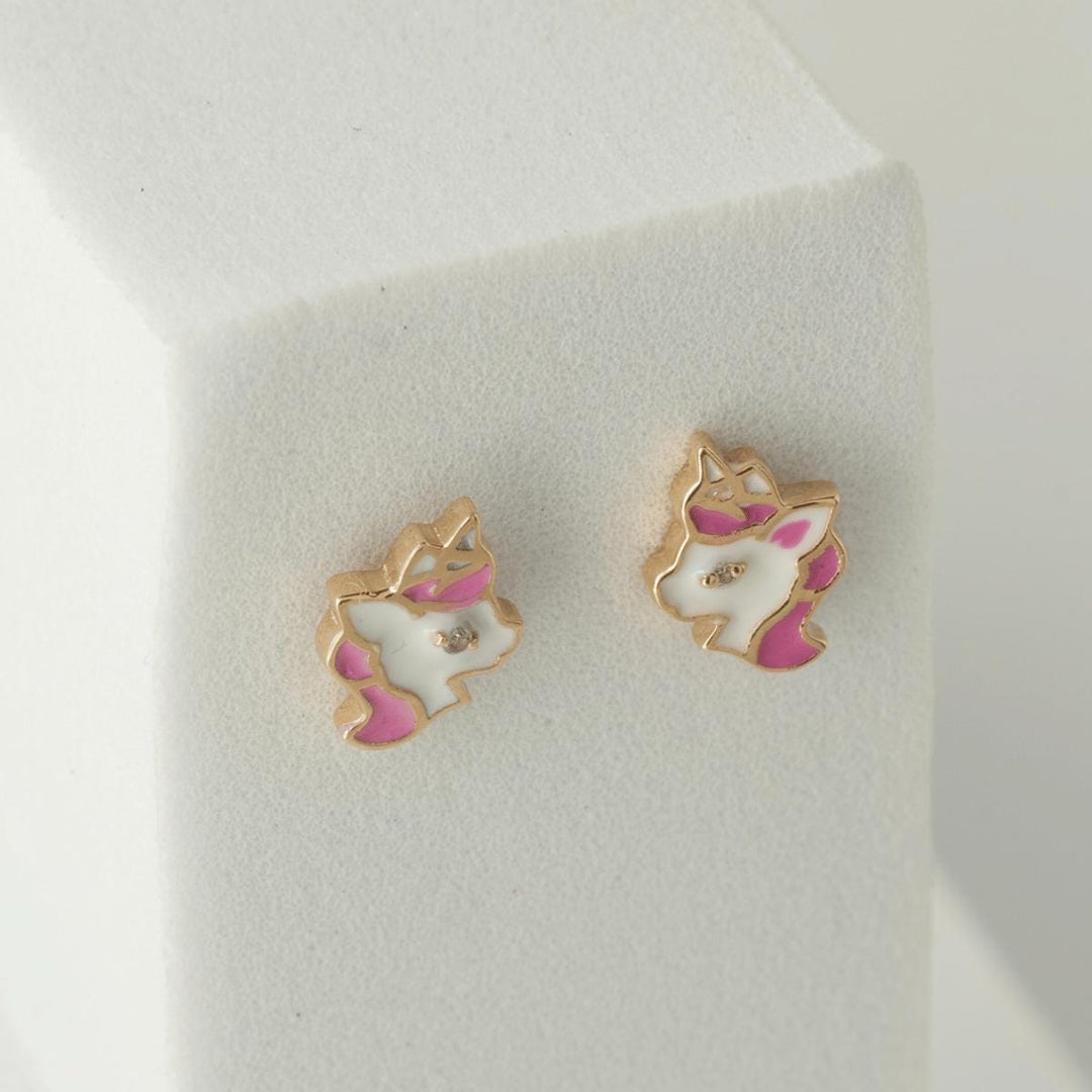 Unicorn Diamond Stud Earrings, 14k Solid Gold, Natural Diamond, Pink Enamel Everyday Earring, Gift For Toddler/Kids/Girls, Ready To Ship