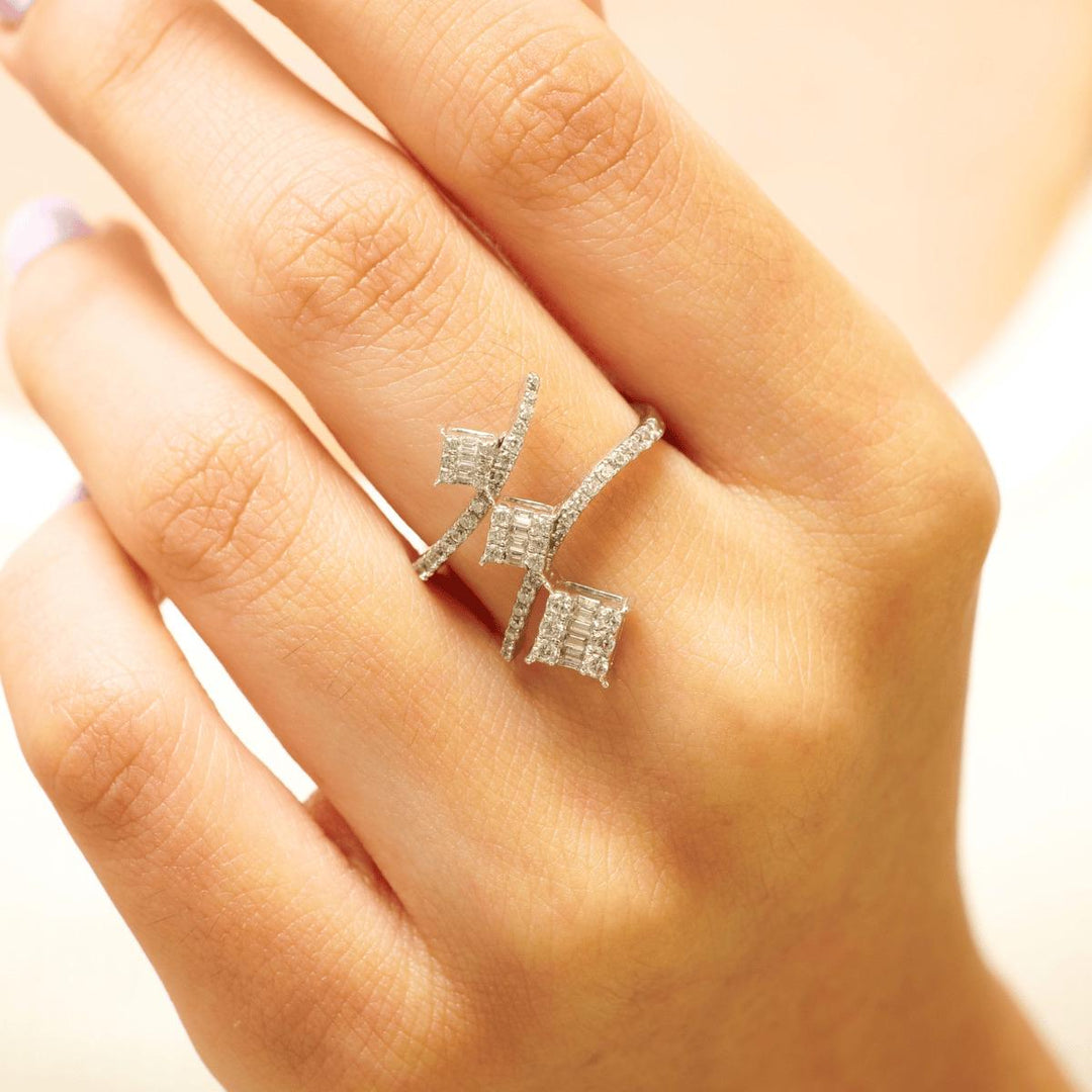 Cocktail Diamond Crossover Ring, 14k Solid Gold, Illusion Statement Ring, Round and Baguette Natural Diamonds, Gift For Her