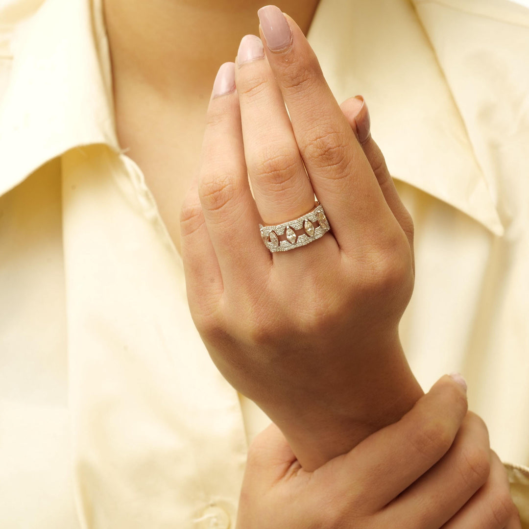 Marquise Diamond Broad Band Ring, 14k Solid Gold, Halo Half Eternity Statement Band, Natural Diamonds, Wide Stacking Ring, Gift For Her