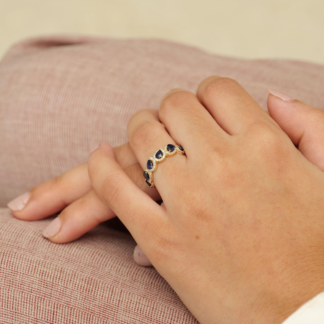 Pear Blue Sapphire Diamond Ring, 14k Solid Gold, Natural Diamonds, Eternity Band, Prong Gemstone Ring, Stacking Gold Band, Halo Setting Ring