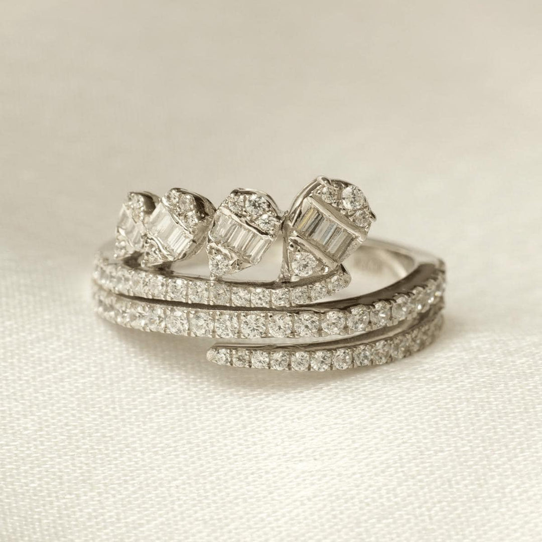 Leaves Diamond Band Ring, 14k Solid Gold, Statement Ring, Round and Baguette Natural Diamond, Crown Wrap Bypass Ring, Gift For Her