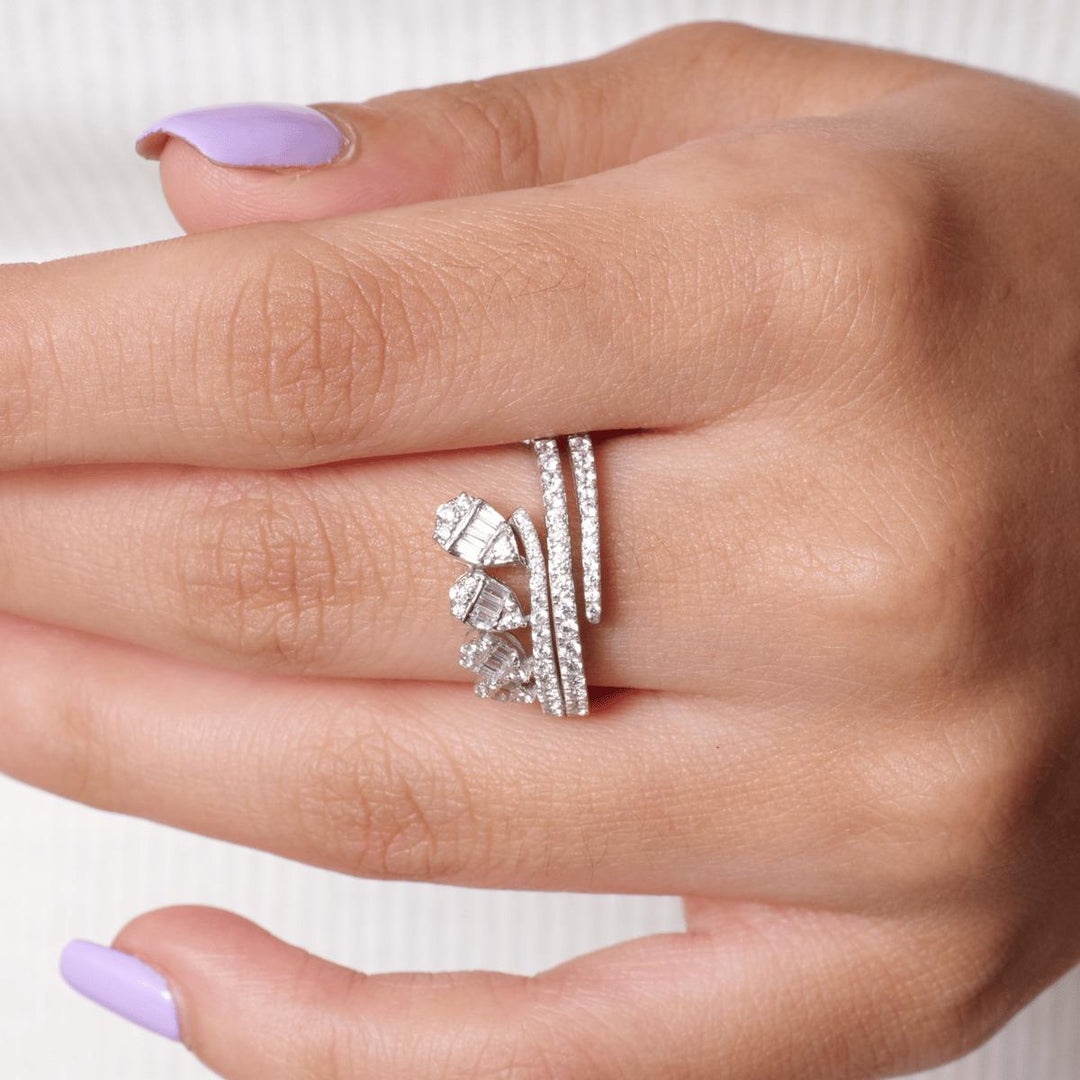 Leaves Diamond Band Ring, 14k Solid Gold, Statement Ring, Round and Baguette Natural Diamond, Crown Wrap Bypass Ring, Gift For Her