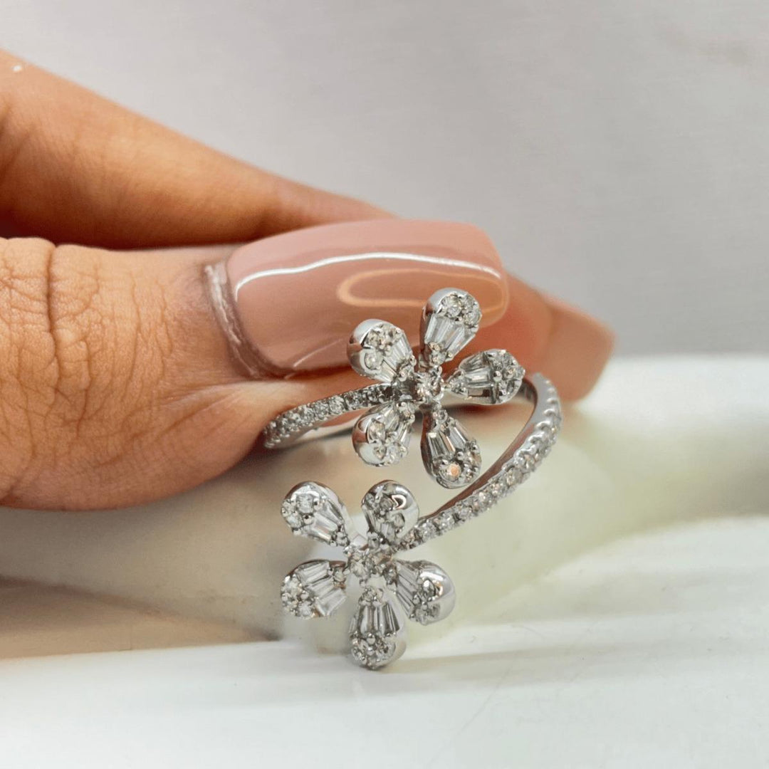 Floral Natural Diamond Bypass Ring: 14k Solid Gold Baguette Flowers Open Ring, Certified Jewelry