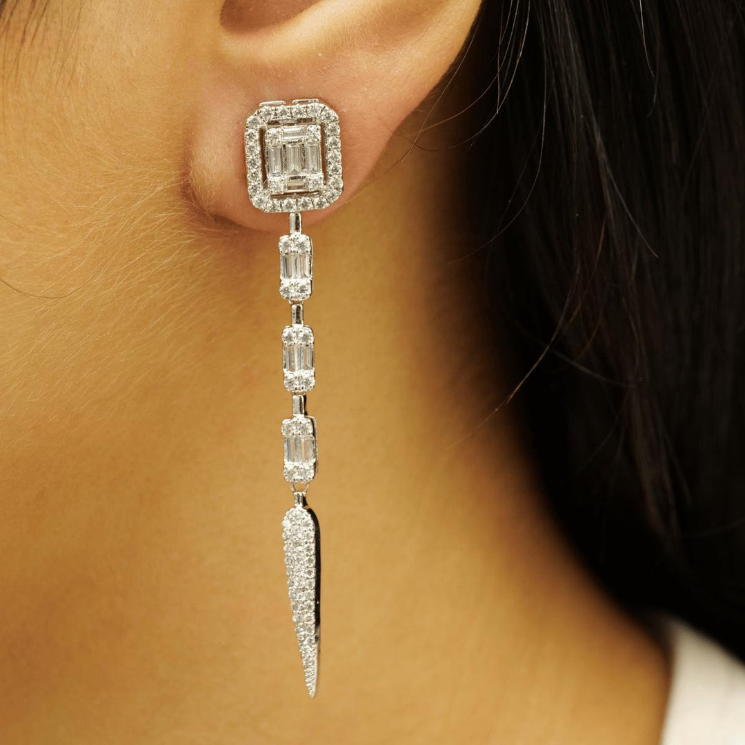 Geometric Dangle Drop Earrings, 14k Solid Gold, Natural Diamonds, Halo Cluster Bridal Earrings, Statement Jewelry, Cocktail Earrings