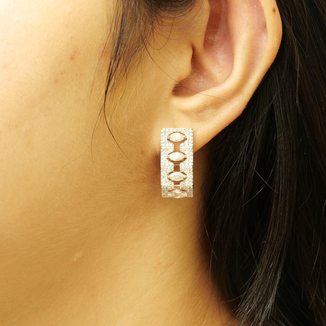 Marquise Diamond Huggie Earrings, 14k Solid Gold,  Natural Diamonds, Halo Cocktail Jewelry, Geometric Statement Earrings, Wedding Huggies