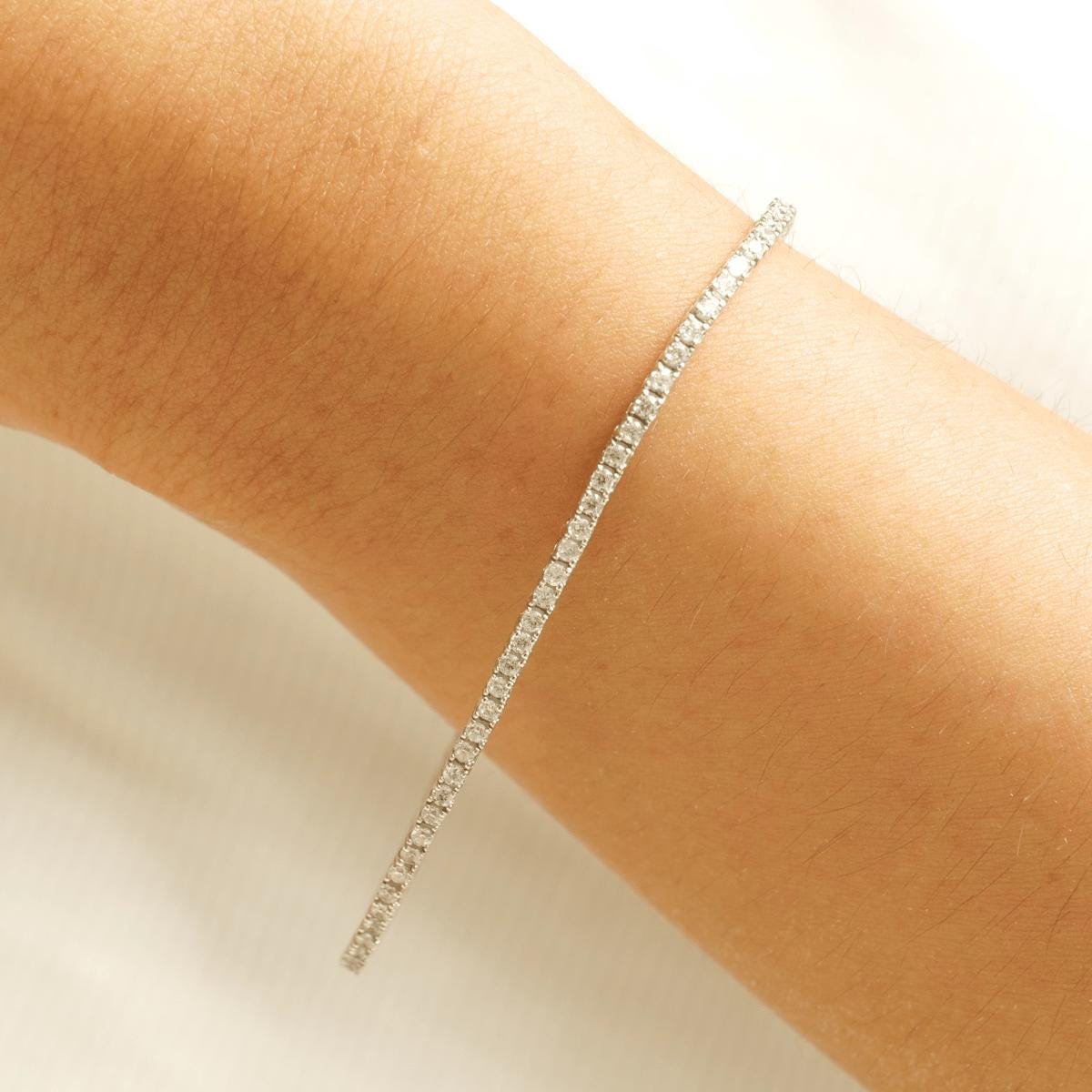 Line Eternity Tennis Natural Diamond Stackable Bracelet: 14K Solid Gold Minimalistic Everyday Jewellery, Certified Jewelry