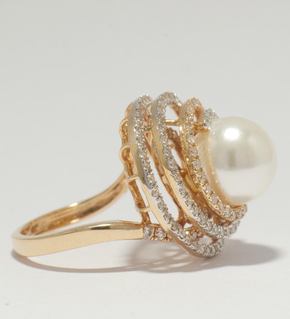 Cultured South Sea Pearl Diamond Ring, 14k Solid Gold, Dual Tone Statement Spiral Ring, Natural Diamonds, Ready To Ship