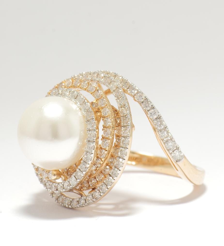 Cultured South Sea Pearl Diamond Ring, 14k Solid Gold, Dual Tone Statement Spiral Ring, Natural Diamonds, Ready To Ship