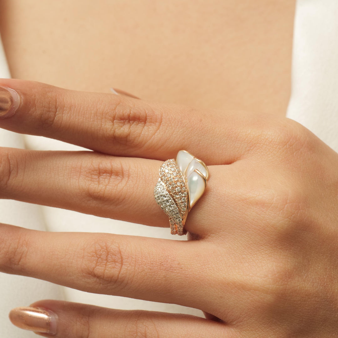 Mother of Pearl Diamond Ring, 14k Solid Gold, Natural Diamonds, Cocktail Leaf Ring, Two Toned Statement Jewelry, Ready To Ship