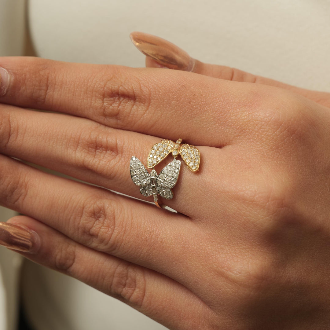 Butterfly Diamond Wrap Ring, 14K Solid Gold, Dual Color Statement Ring, Baguettes & Round Natural Diamonds, Ready To Ship