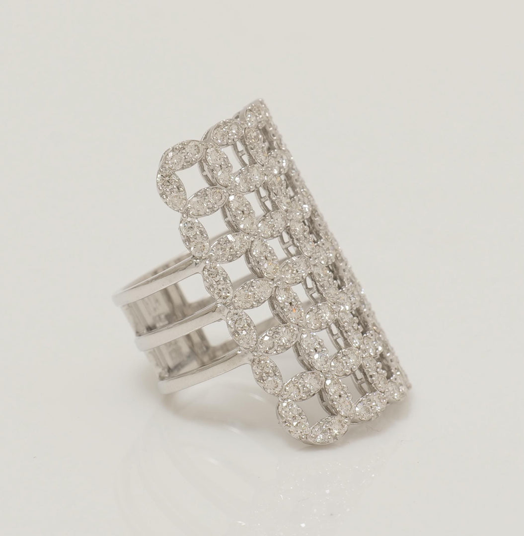 Check Design Natural Diamonds Cocktail Ring: 14k Solid Gold Patterned Triple Shank Ring, Certified Jewelry