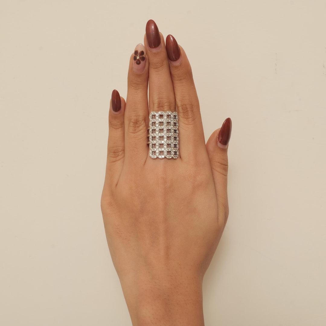 Check Design Cocktail Ring, 14k Solid Gold, Natural Diamonds, Patterned Gold Ring, Triple Shank Statement Ring, Ready To Ship, IGI Certified