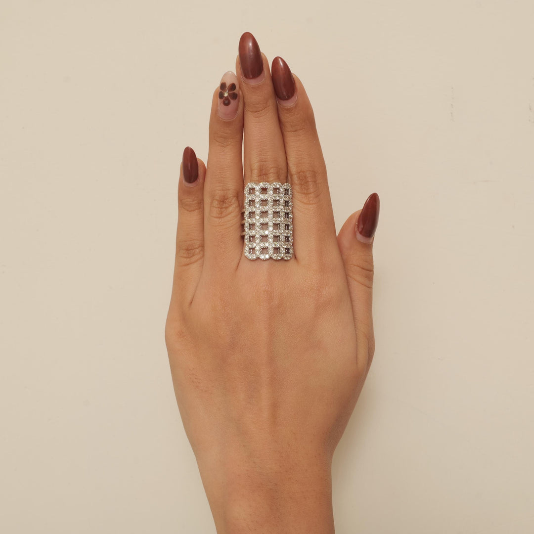 Check Design Natural Diamonds Cocktail Ring: 14k Solid Gold Patterned Triple Shank Ring, Certified Jewelry