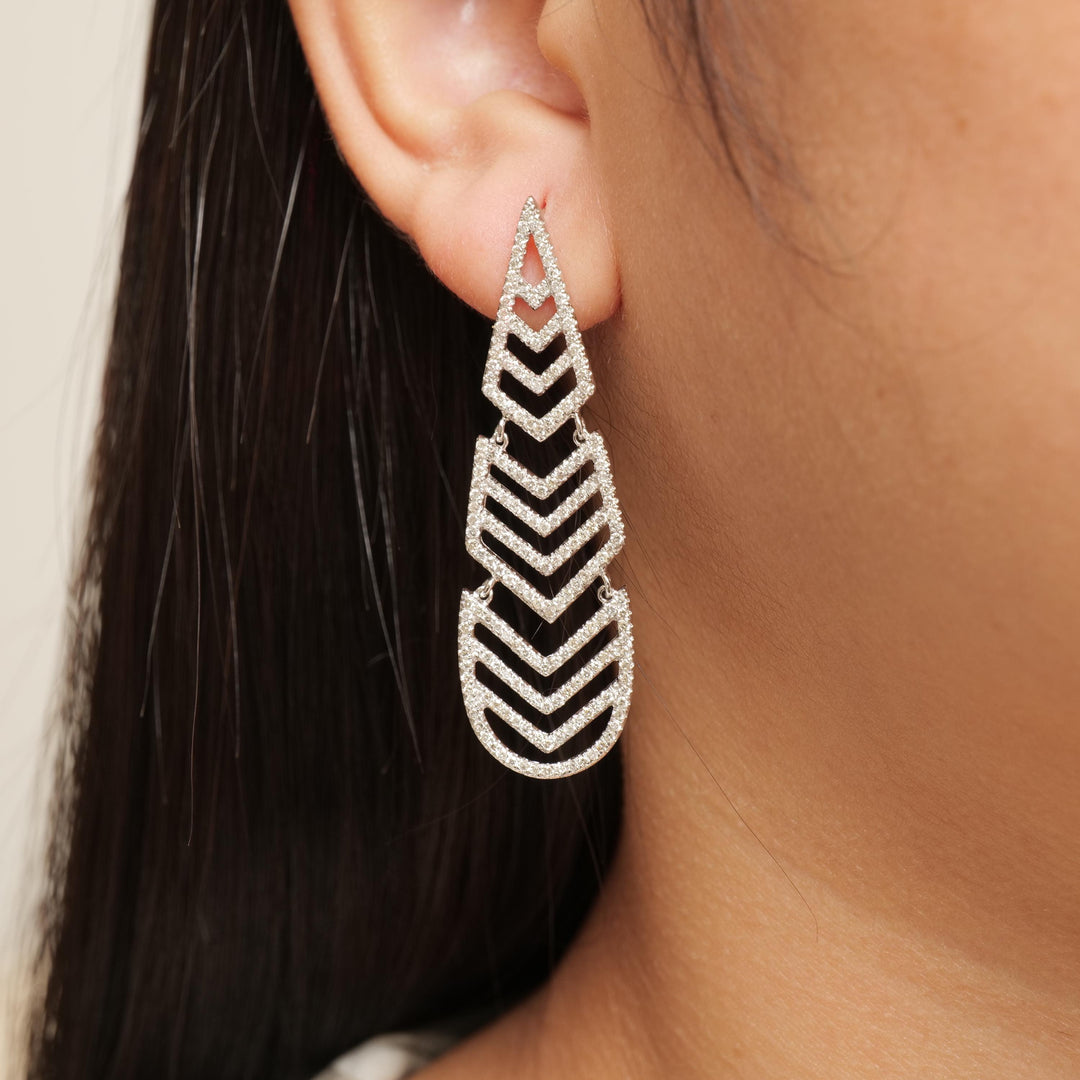 Geometric Chandelier Natural Diamond Earrings: 14k Solid Gold Wedding Long Statement Danglers, IGI Certified, Ready To Ship