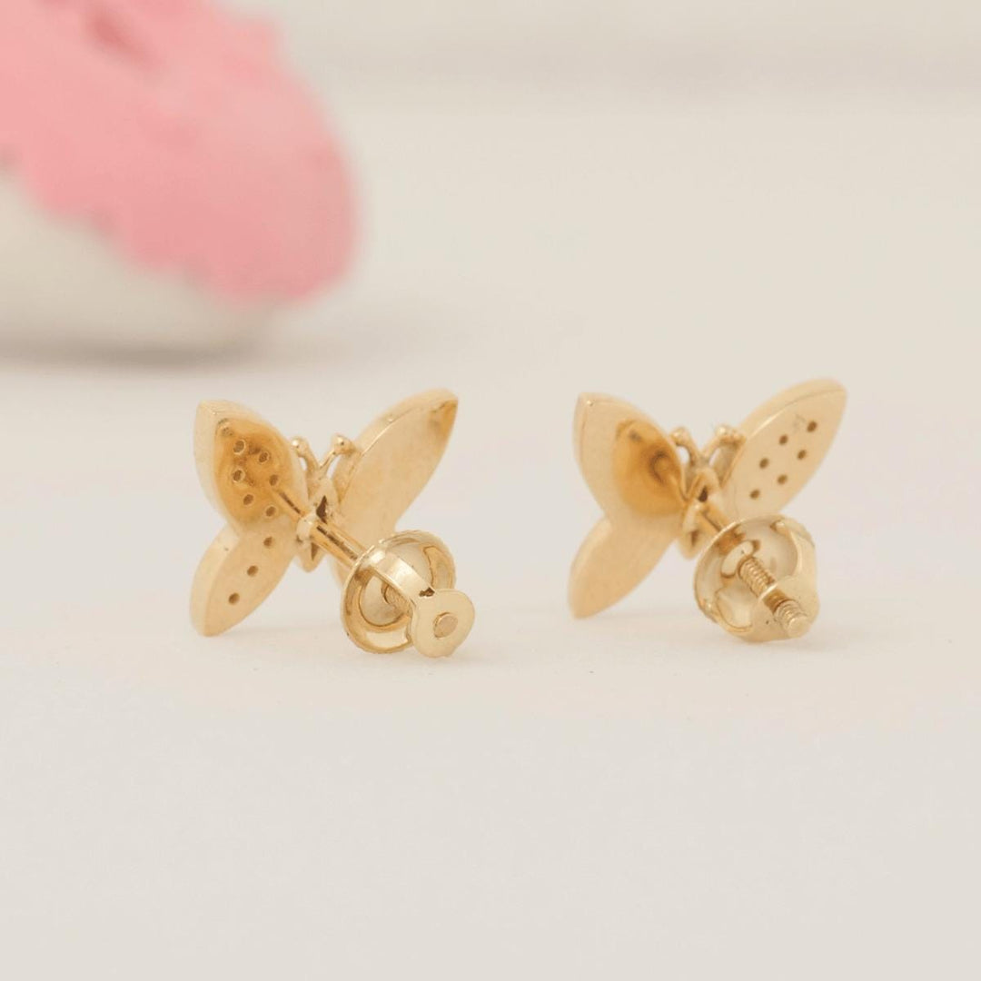 Kids Butterfly Diamond Earrings, Green Enamel Studs, 14k Solid Gold, Natural Diamonds, Gift for toddlers/girls/kids, Ready To Ship
