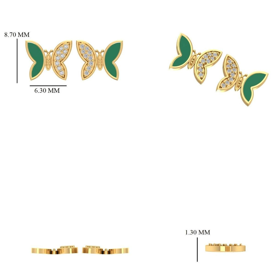 Kids Butterfly Diamond Earrings, Green Enamel Studs, 14k Solid Gold, Natural Diamonds, Gift for toddlers/girls/kids, Ready To Ship
