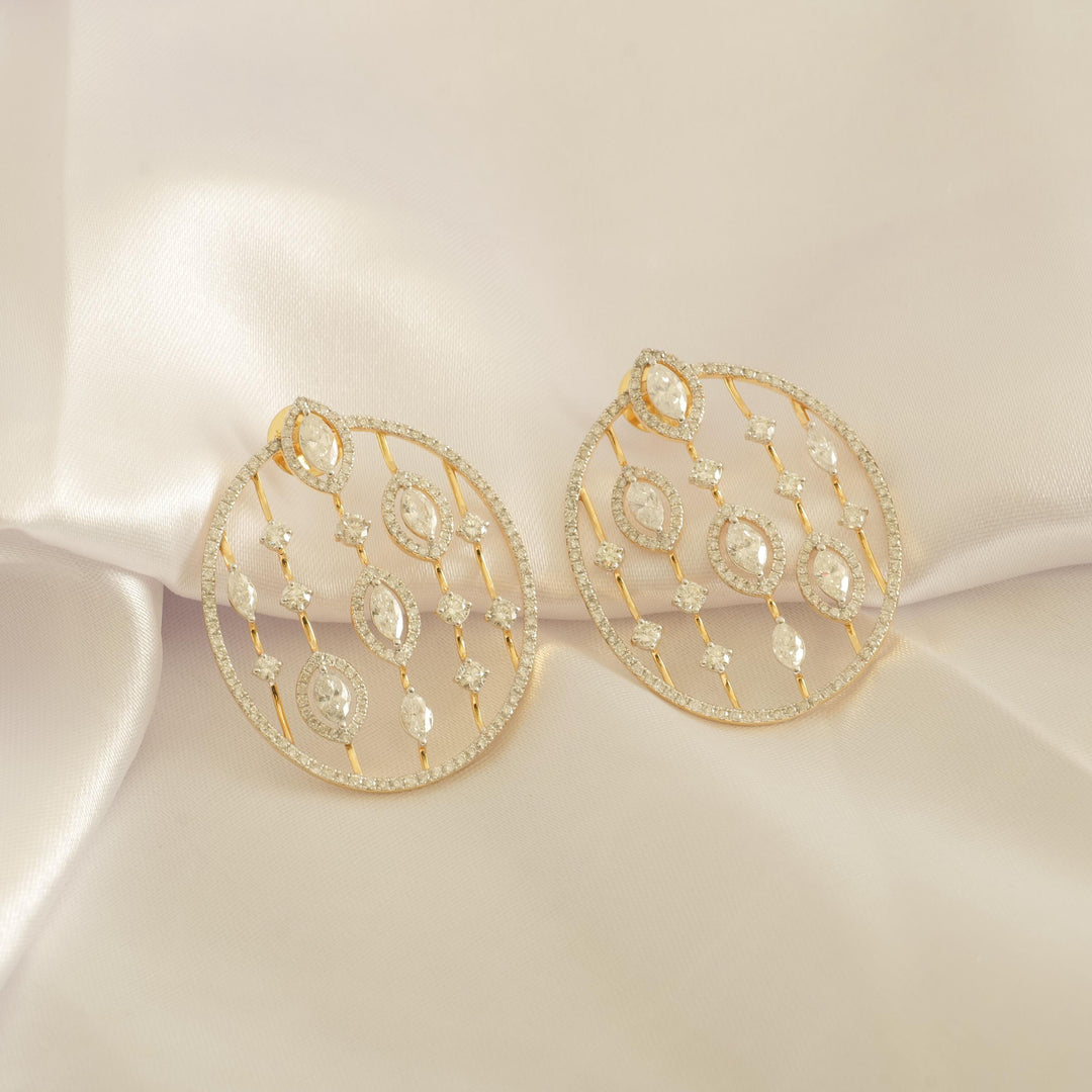 Open Circle Diamond Earrings, 14k Solid Gold, Natural Diamond, Halo Marquise Cocktail Studs, Statement Jewelry, Ready To Ship, IGI Certified