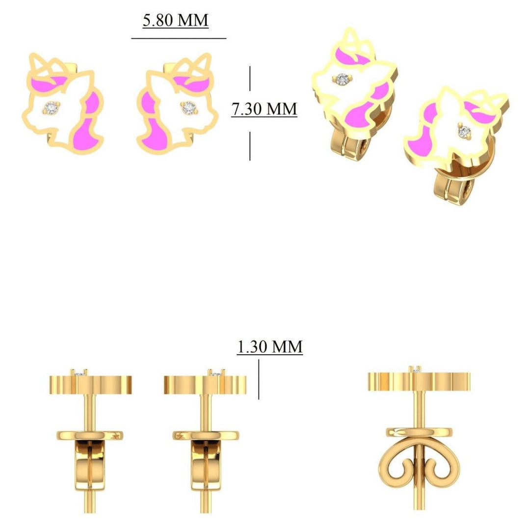 Unicorn Diamond Stud Earrings, 14k Solid Gold, Natural Diamond, Pink Enamel Everyday Earring, Gift For Toddler/Kids/Girls, Ready To Ship