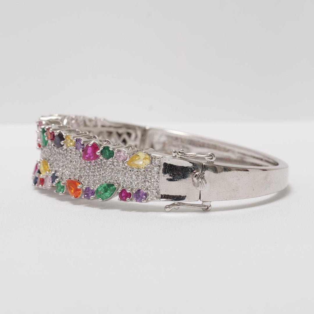 Rainbow Gemstone Diamond Bracelet, 14k Solid Gold, Natural Diamonds, Cluster Cocktail Bangle, Statement Bridal Jewelry, Broad Bridal Cuff